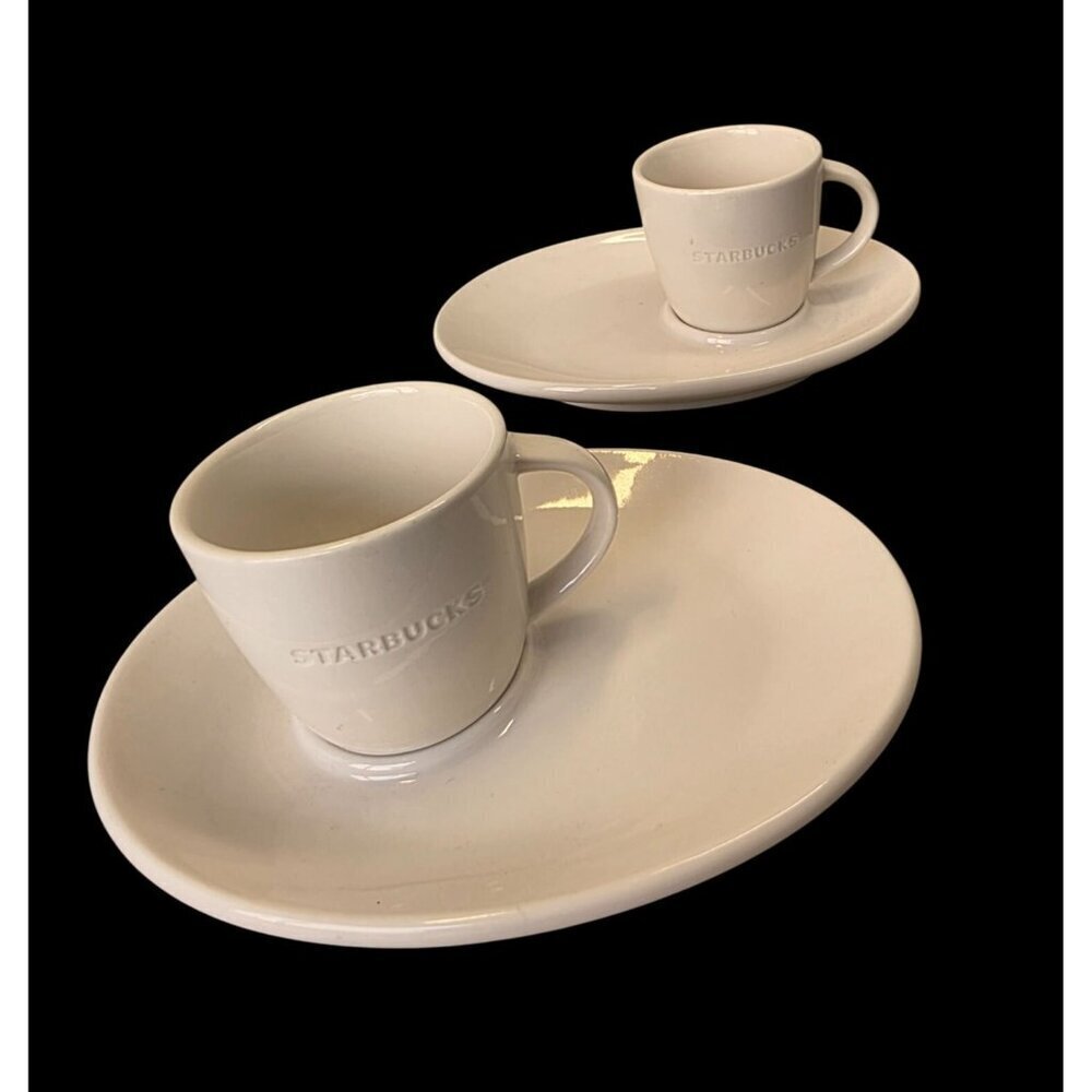 Starbucks 2 White Emboss Logo Espresso Cup Oblong Saucer Sets 2004/10 Café China - Picture 1 of 8